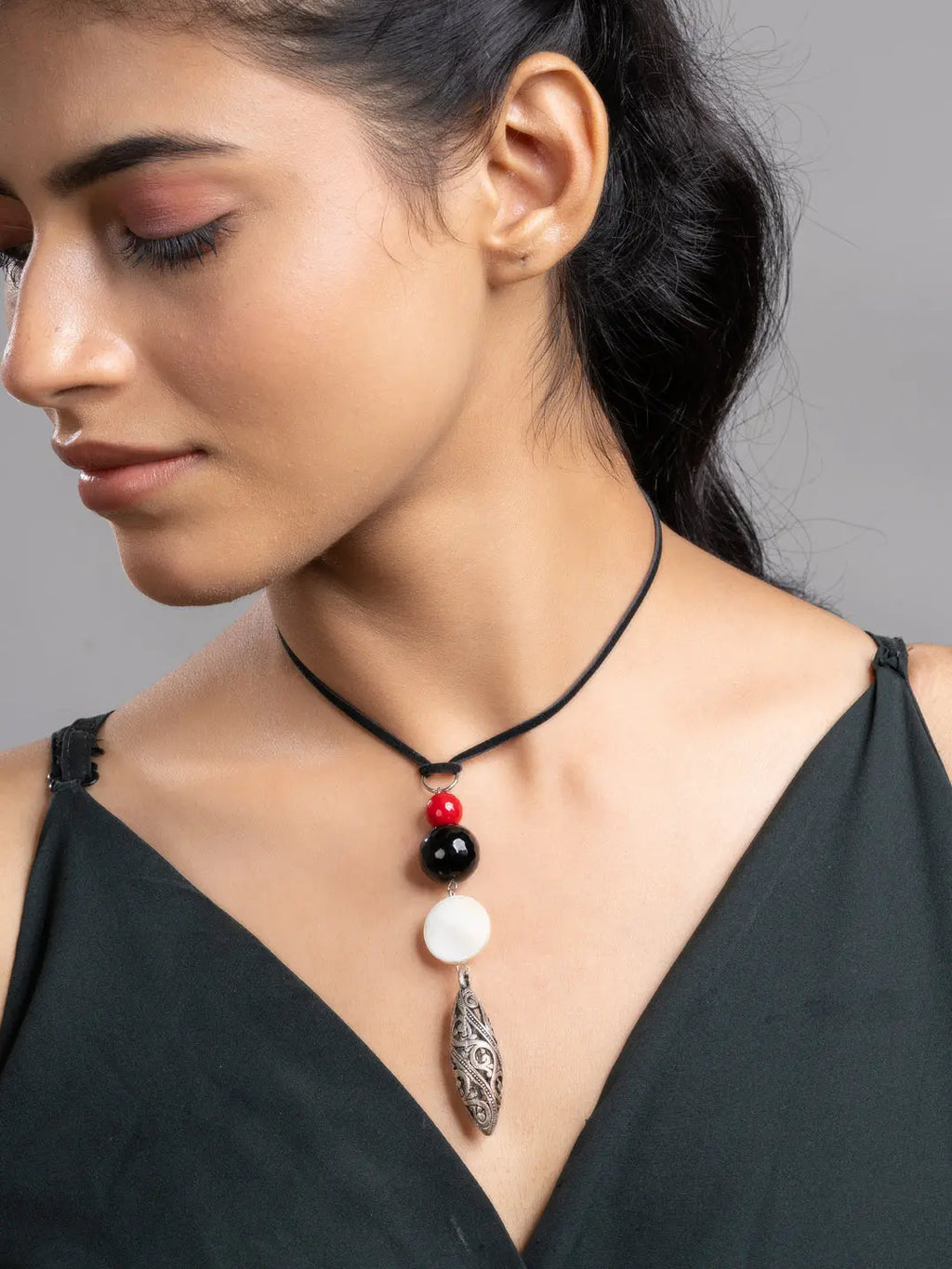 Red Black White Onyx Mother Of Pearl German Silver Sleek Necklace With Adjustable Suede Cord LOOK AND ADORN - designed for you