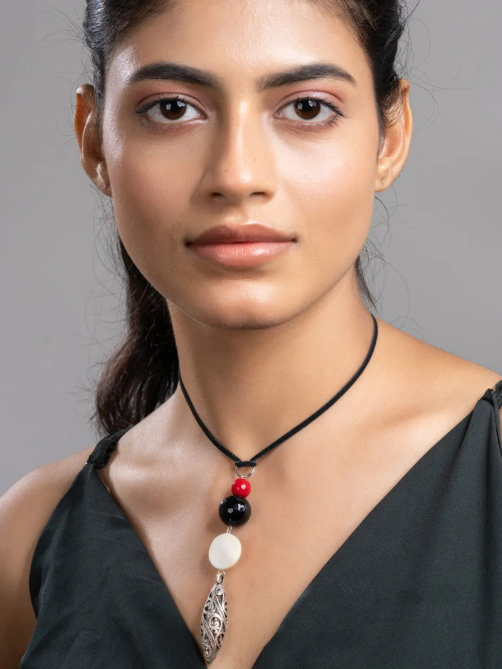 Red Black White Onyx Mother Of Pearl German Silver Sleek Necklace With Adjustable Suede Cord LOOK AND ADORN - designed for you