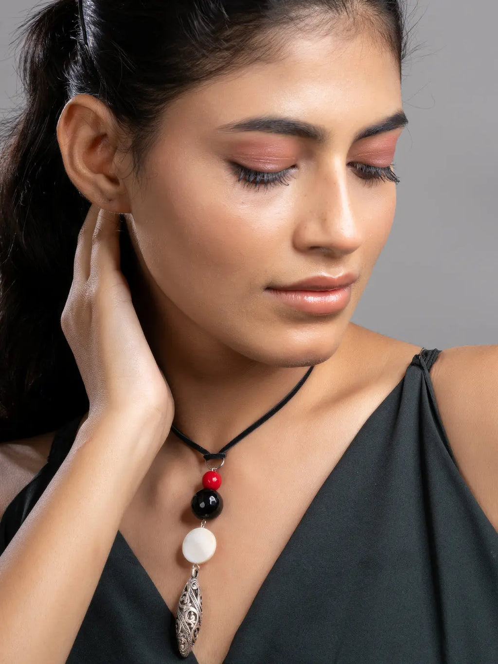 Red Black White Onyx Mother Of Pearl German Silver Sleek Necklace With Adjustable Suede Cord LOOK AND ADORN - designed for you