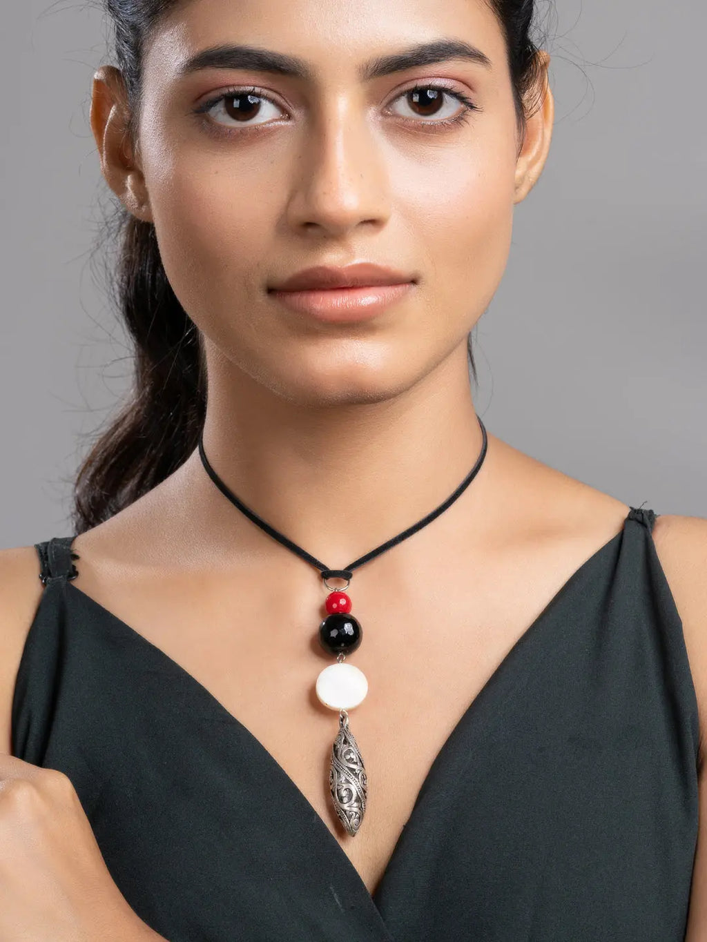 Red Black White Onyx Mother Of Pearl German Silver Sleek Necklace With Adjustable Suede Cord LOOK AND ADORN - designed for you