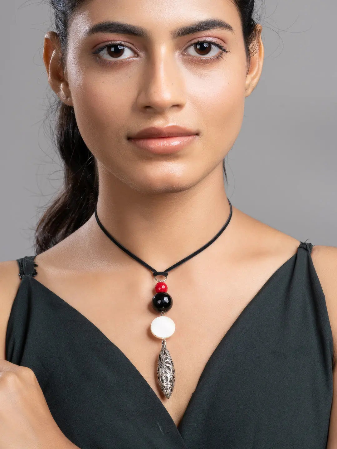 Red Black White Onyx Mother Of Pearl German Silver Sleek Necklace With Adjustable Suede Cord LOOK AND ADORN - designed for you