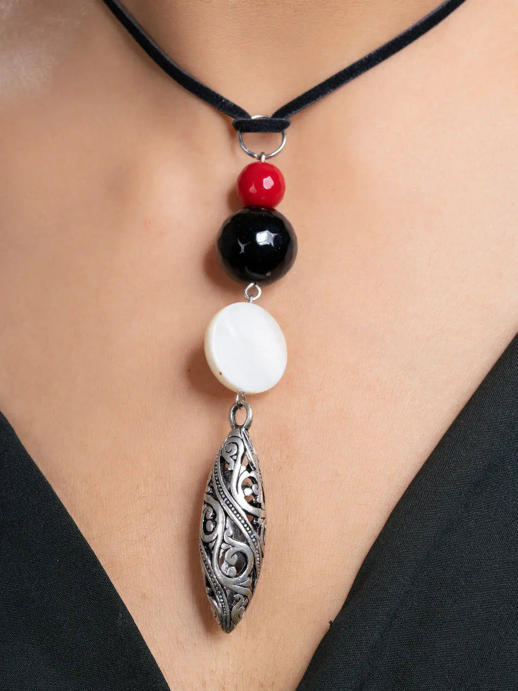 Red Black White Onyx Mother Of Pearl German Silver Sleek Necklace With Adjustable Suede Cord LOOK AND ADORN - designed for you