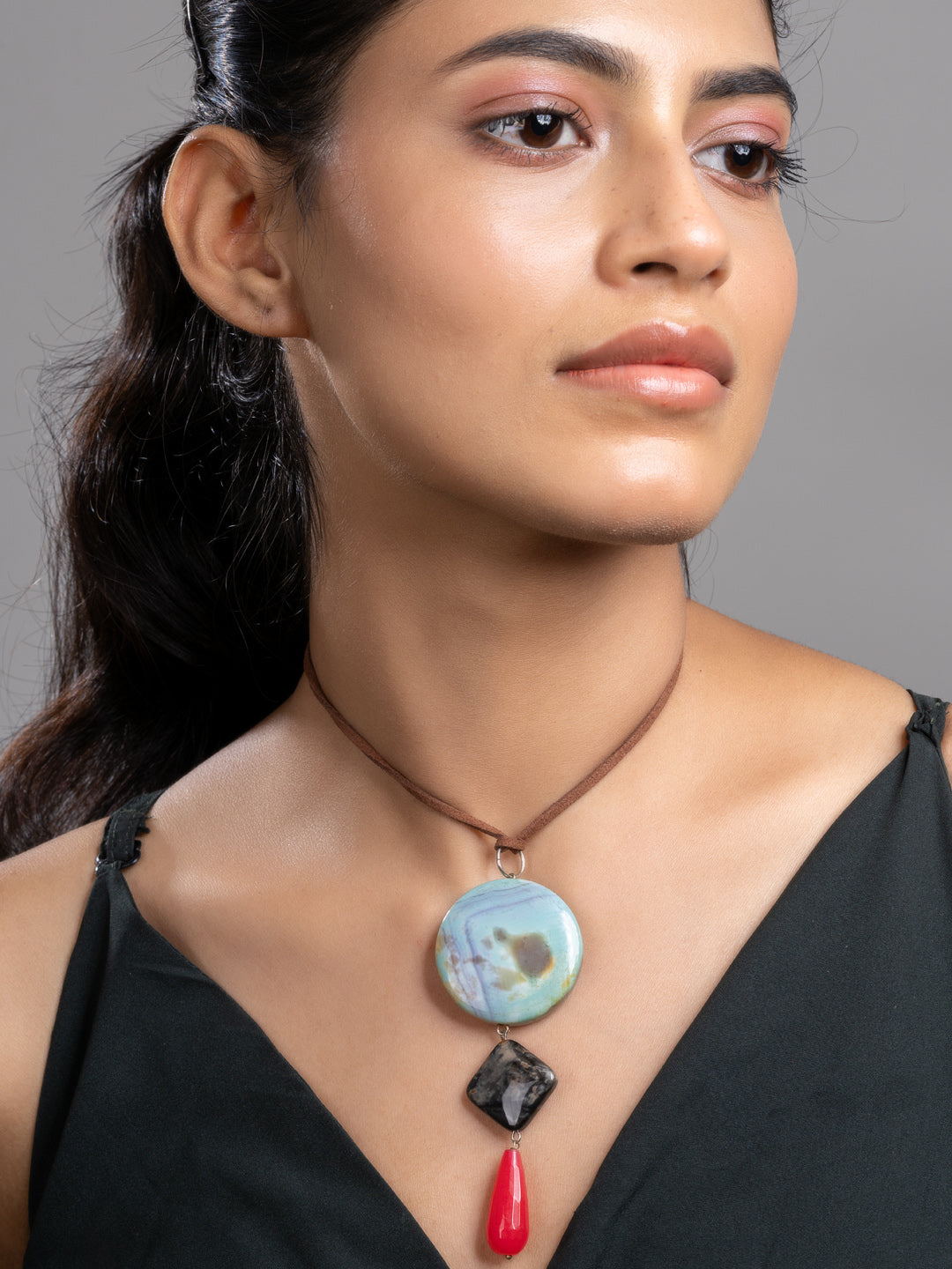 Black Blue Onyx Agate  Sleek Necklace With Adjustable Suede Cord