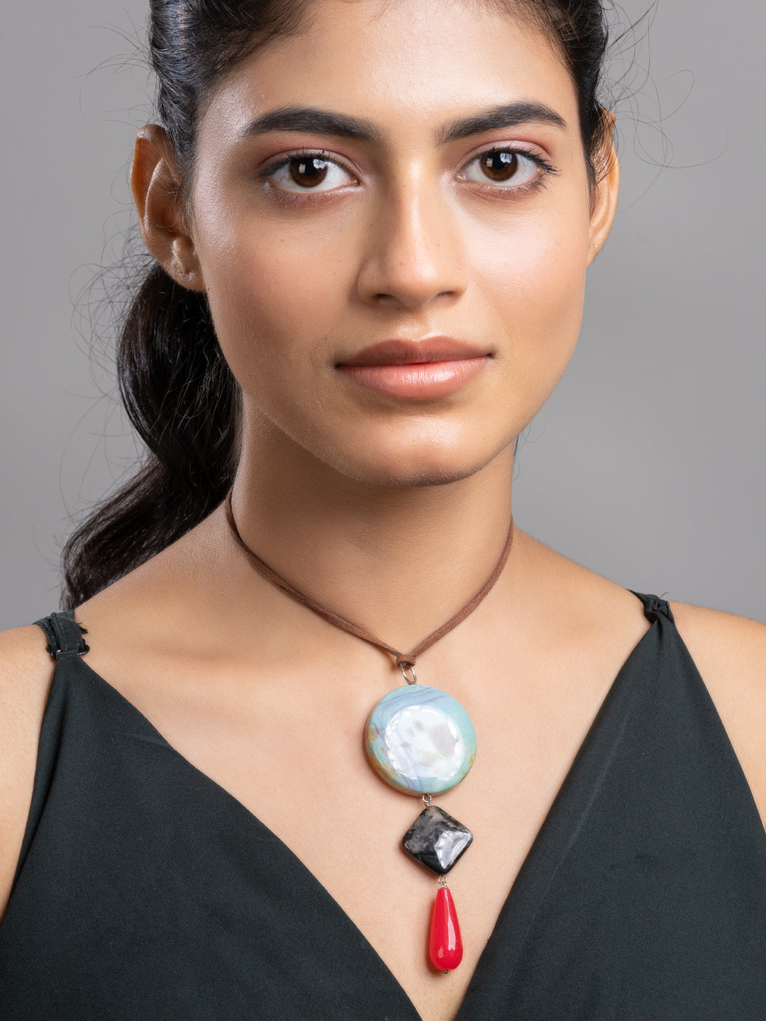 Black Blue Onyx Agate  Sleek Necklace With Adjustable Suede Cord