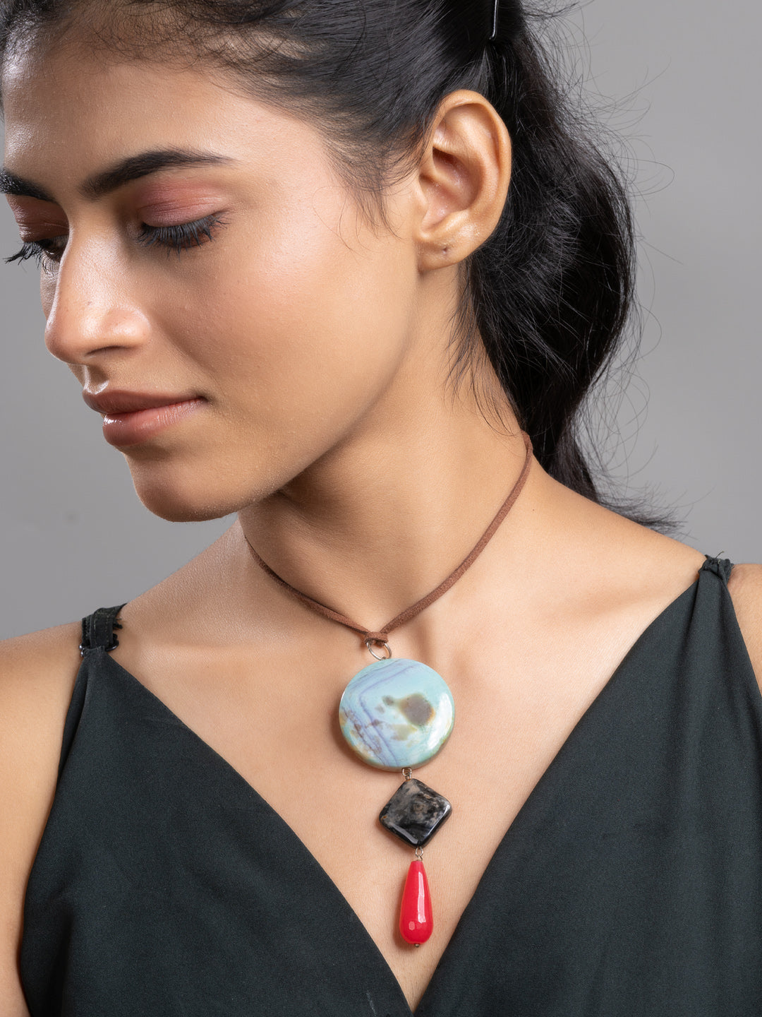 Black Blue Onyx Agate  Sleek Necklace With Adjustable Suede Cord