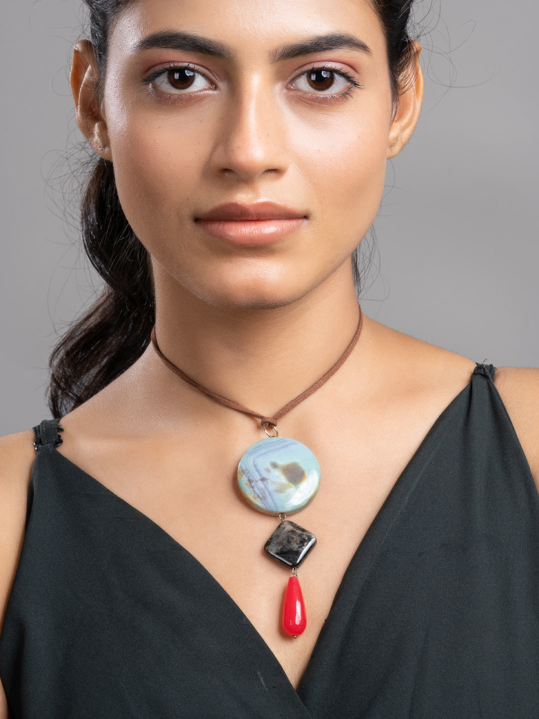 Black Blue Onyx Agate  Sleek Necklace With Adjustable Suede Cord