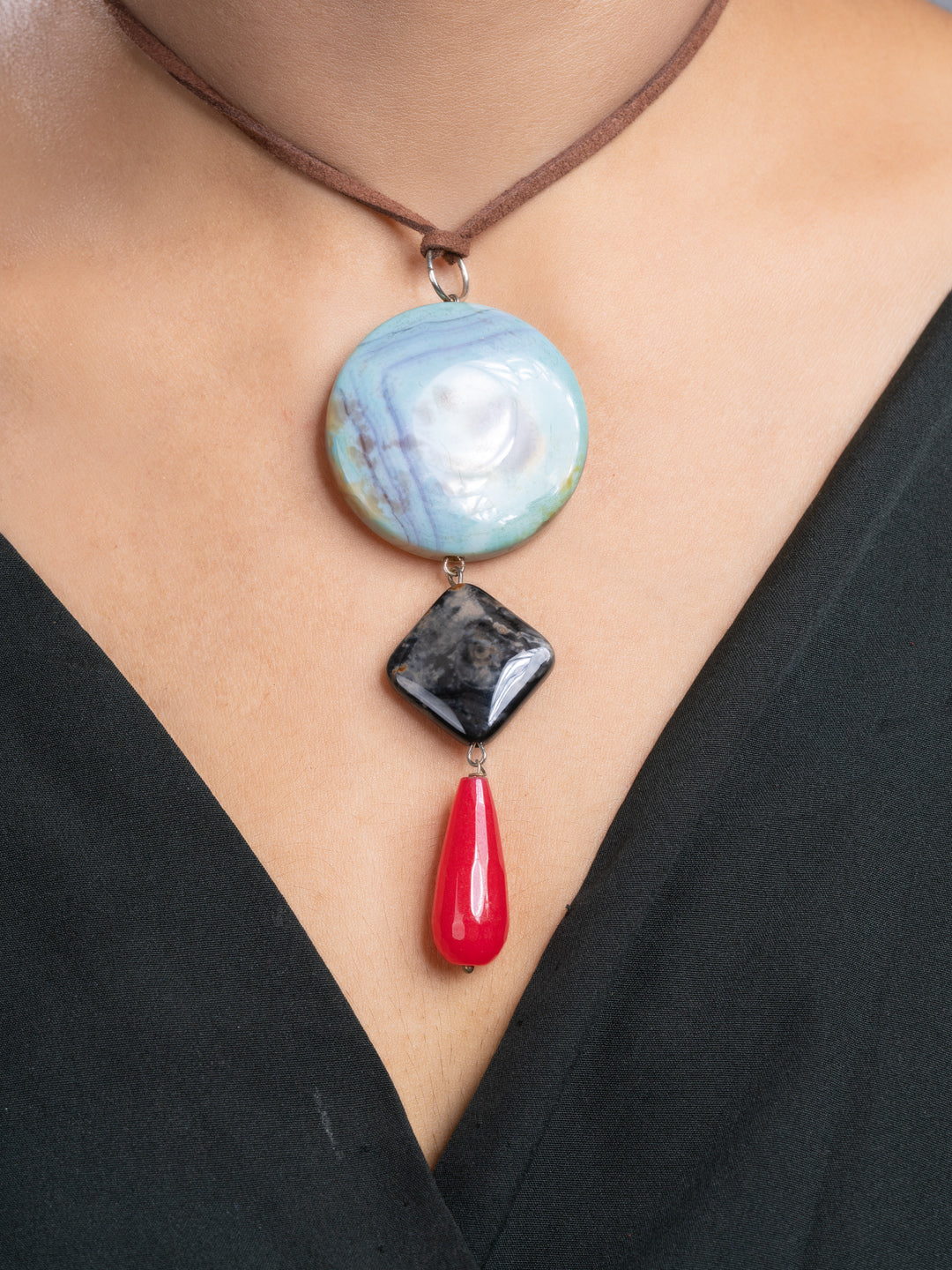 Black Blue Onyx Agate  Sleek Necklace With Adjustable Suede Cord