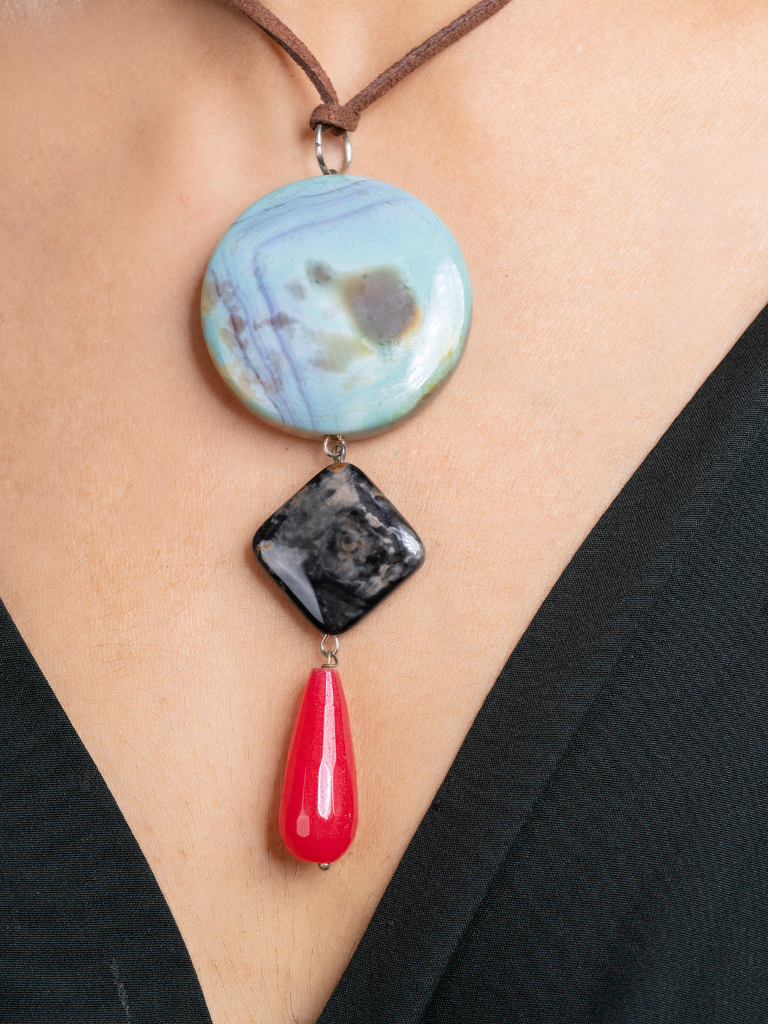 Black Blue Onyx Agate  Sleek Necklace With Adjustable Suede Cord