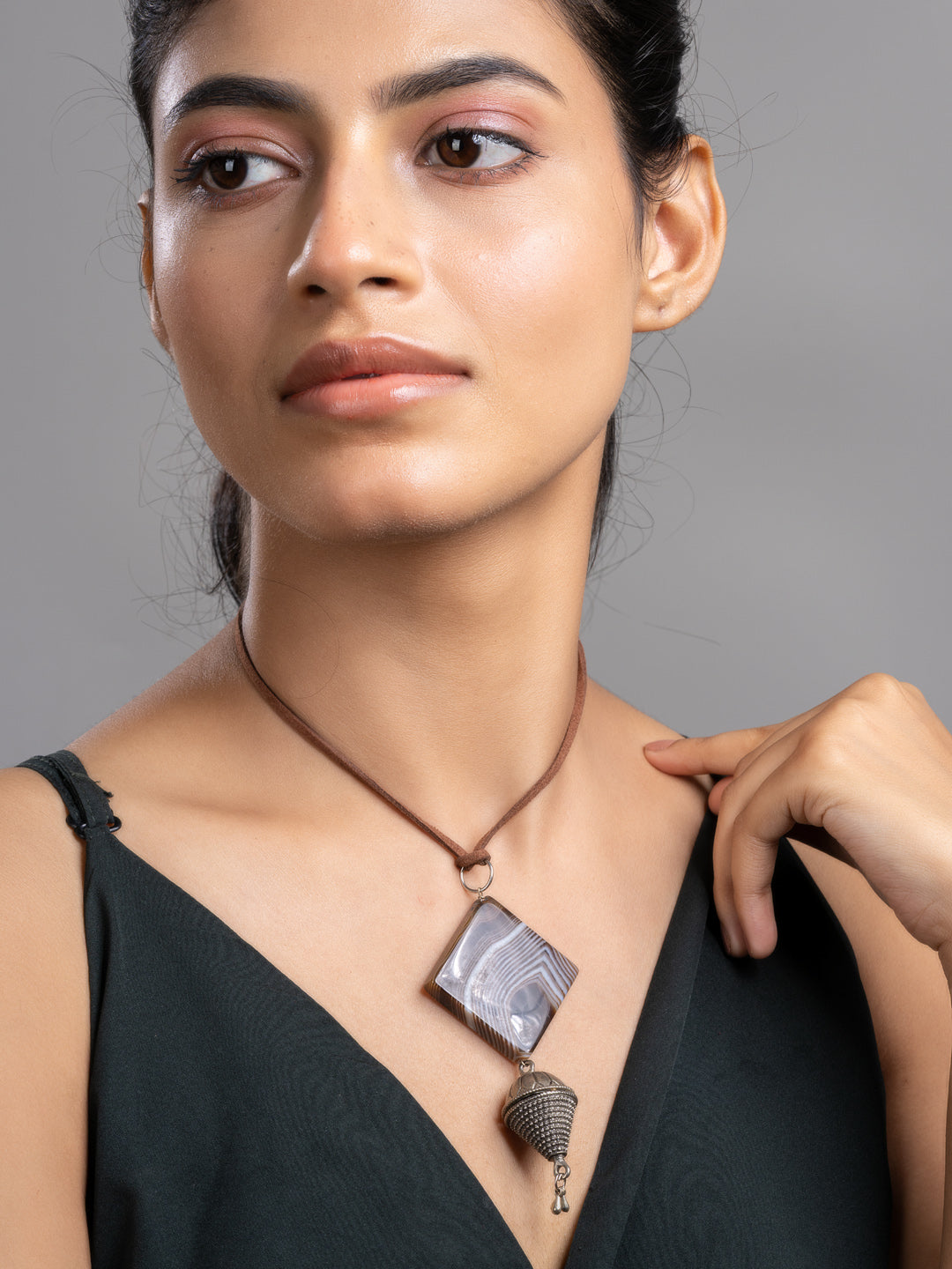 Brown Agate German Silver Sleek Necklace With Adjustable Suede Cord