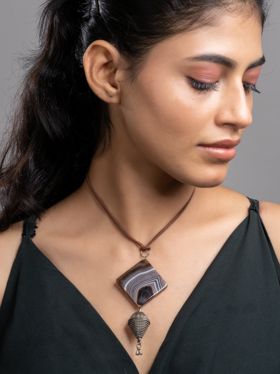 Brown Agate German Silver Sleek Necklace With Adjustable Suede Cord