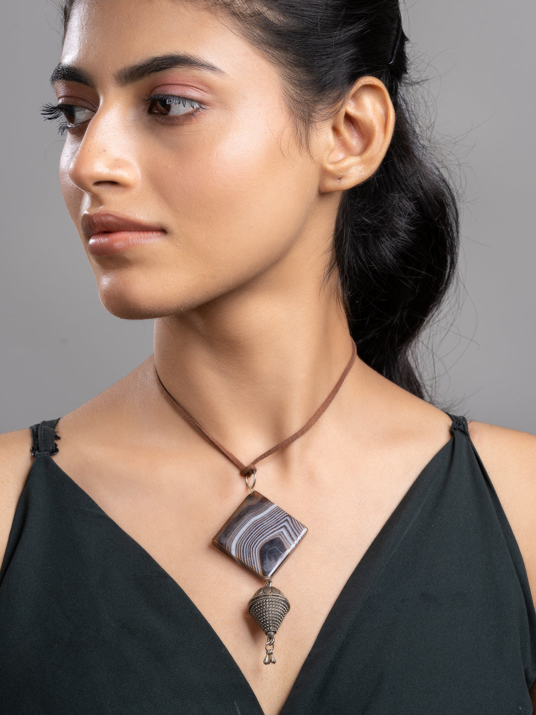 Brown Agate German Silver Sleek Necklace With Adjustable Suede Cord