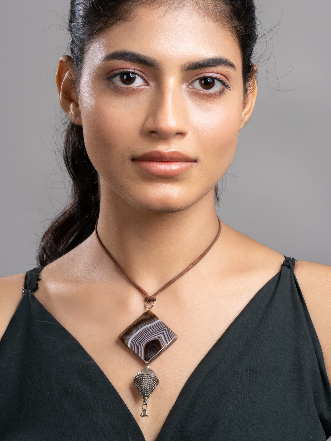 Brown Agate German Silver Sleek Necklace With Adjustable Suede Cord