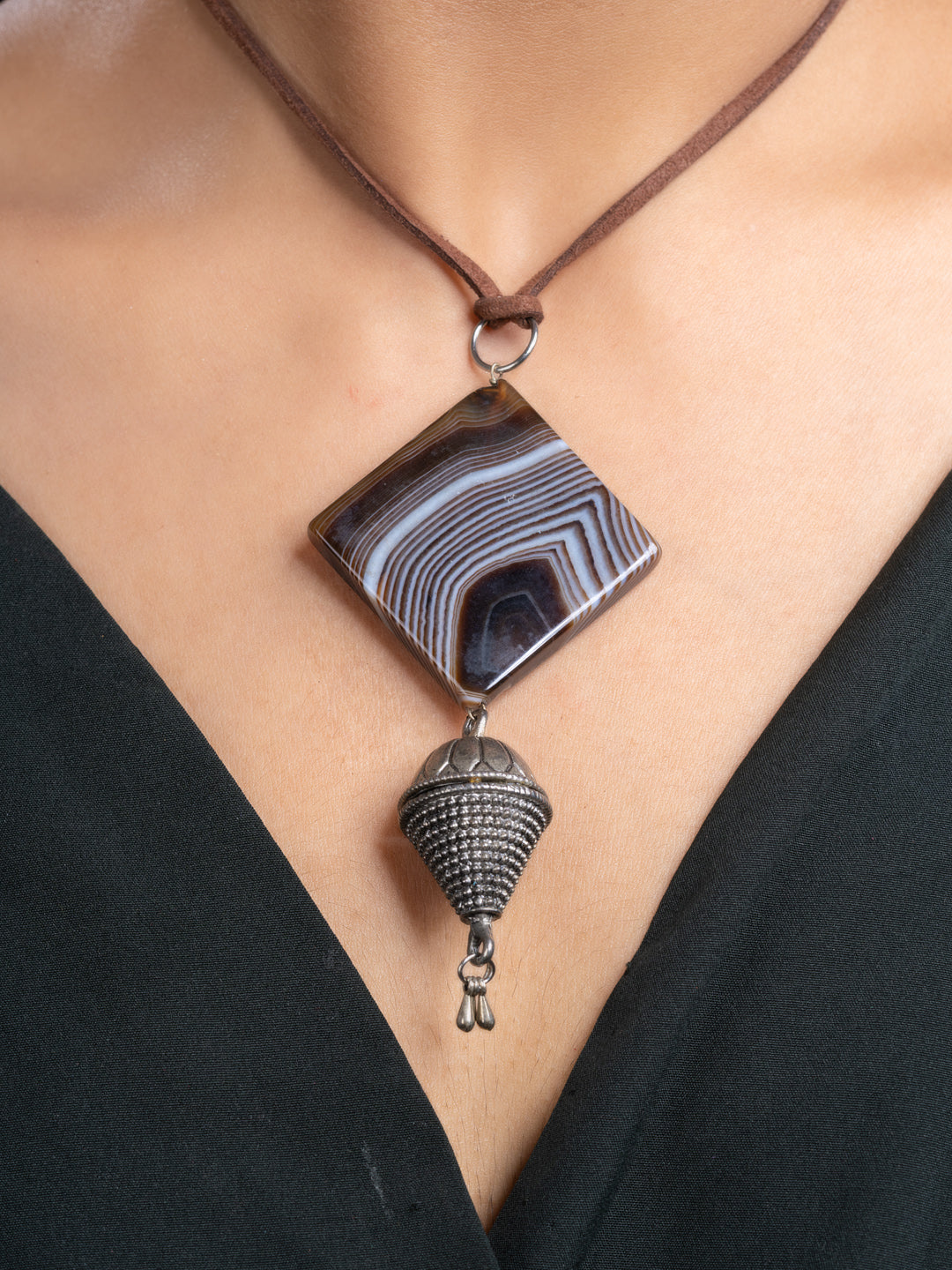 Brown Agate German Silver Sleek Necklace With Adjustable Suede Cord