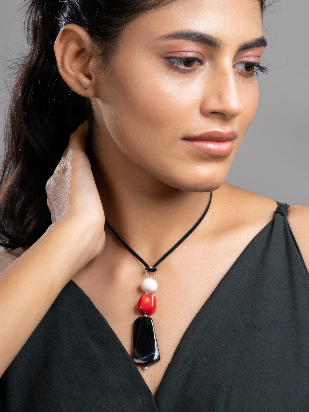 White Red Black Pink Onyx Agate Coral Sleek Necklace With Adjustable Suede Cord