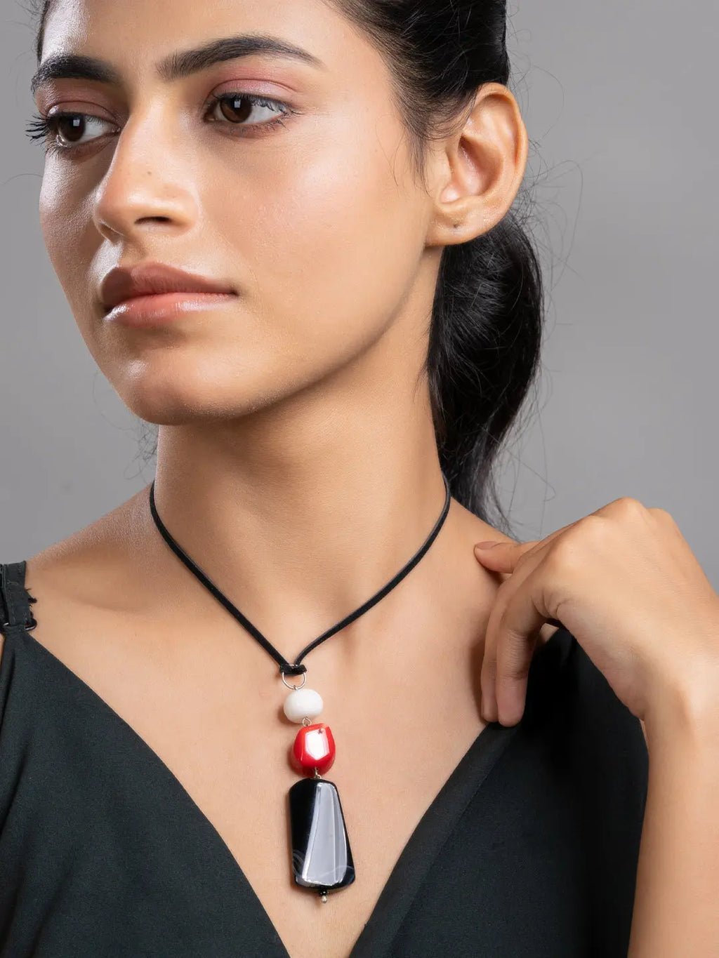 White Red Black Pink Onyx Agate Coral Sleek Necklace With Adjustable Suede Cord LOOK AND ADORN - designed for you