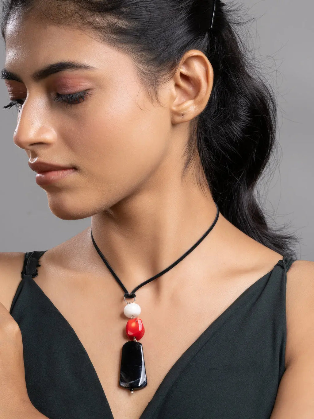White Red Black Pink Onyx Agate Coral Sleek Necklace With Adjustable Suede Cord LOOK AND ADORN - designed for you