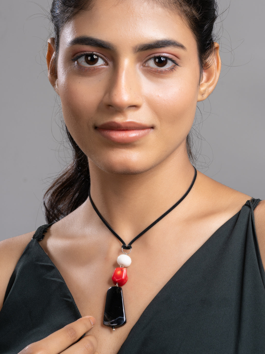 White Red Black Pink Onyx Agate Coral Sleek Necklace With Adjustable Suede Cord