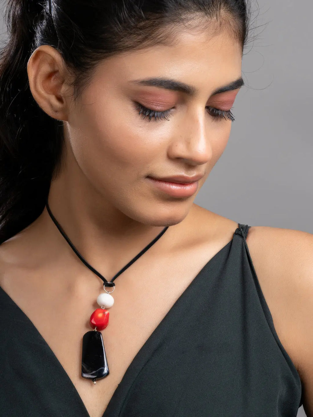 White Red Black Pink Onyx Agate Coral Sleek Necklace With Adjustable Suede Cord LOOK AND ADORN - designed for you