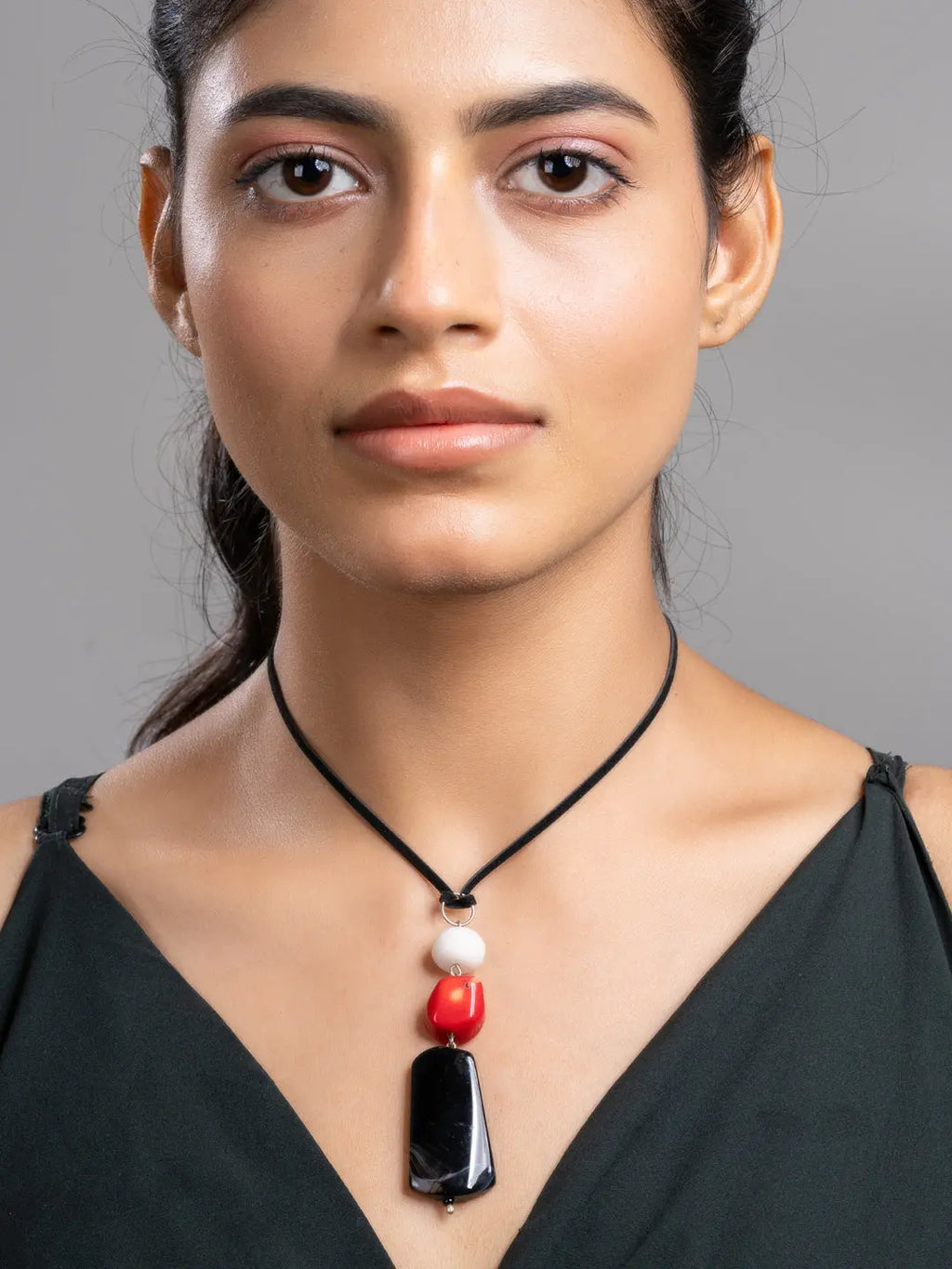 White Red Black Pink Onyx Agate Coral Sleek Necklace With Adjustable Suede Cord LOOK AND ADORN - designed for you