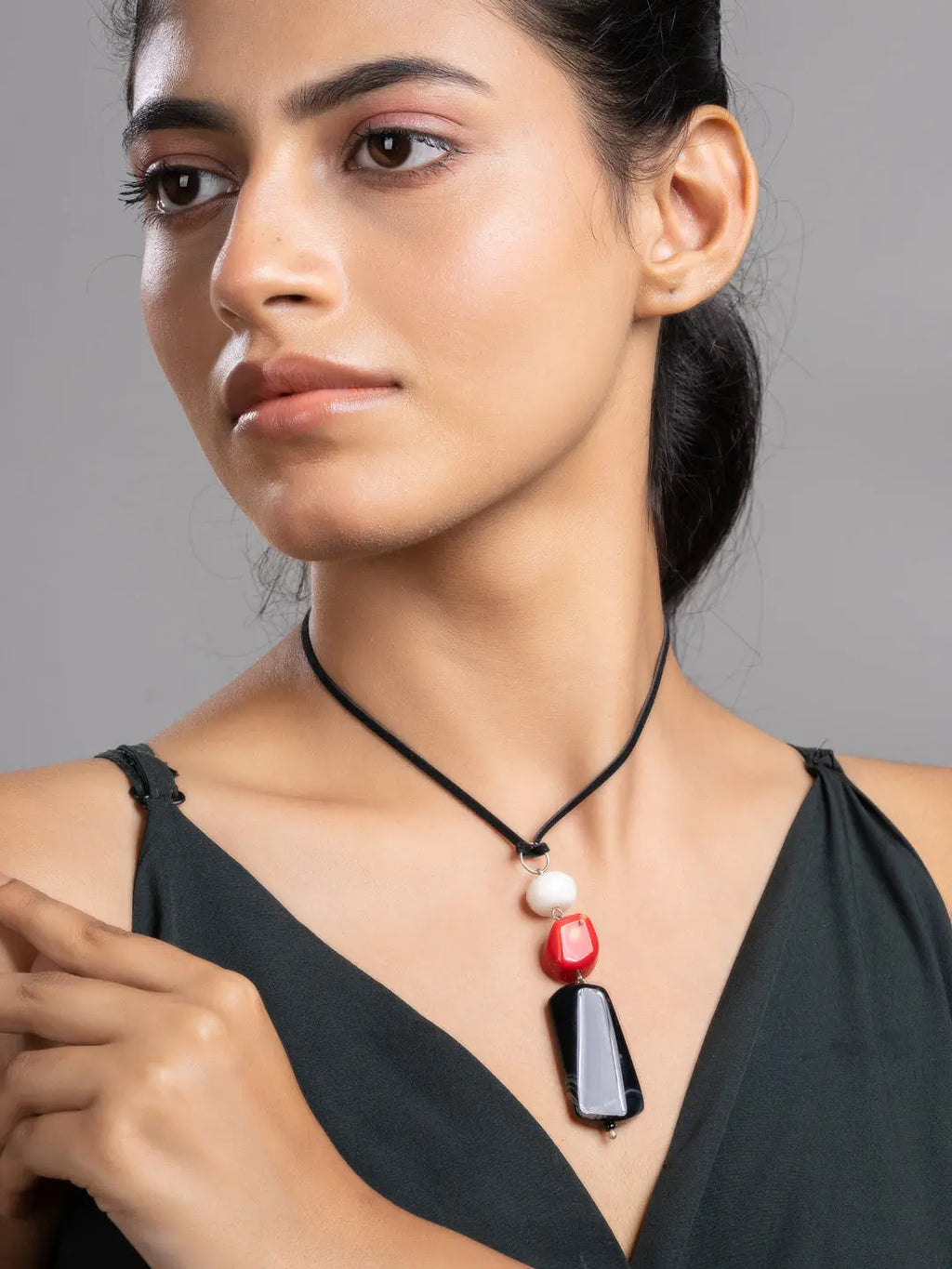 White Red Black Pink Onyx Agate Coral Sleek Necklace With Adjustable Suede Cord LOOK AND ADORN - designed for you