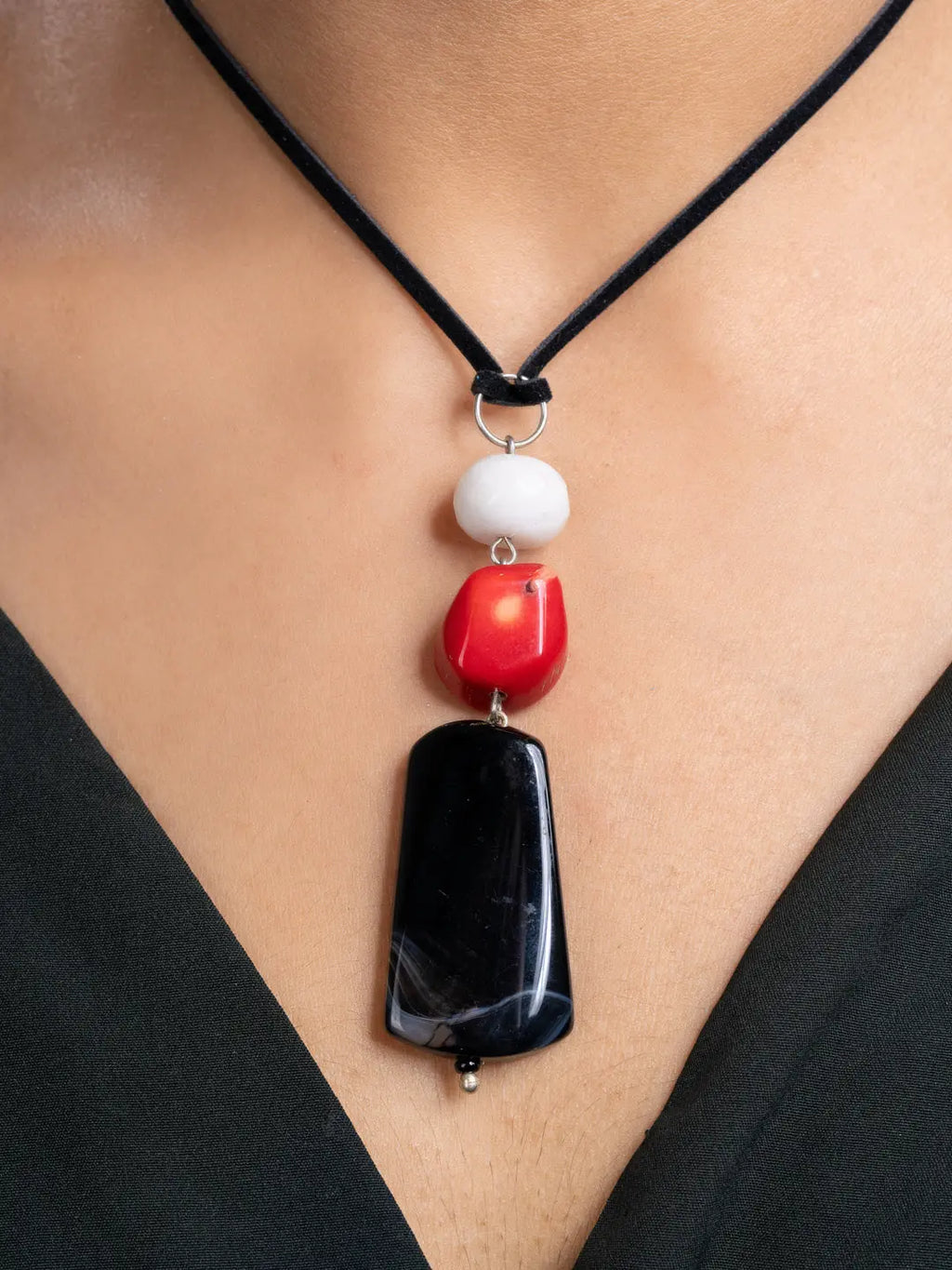 White Red Black Pink Onyx Agate Coral Sleek Necklace With Adjustable Suede Cord LOOK AND ADORN - designed for you
