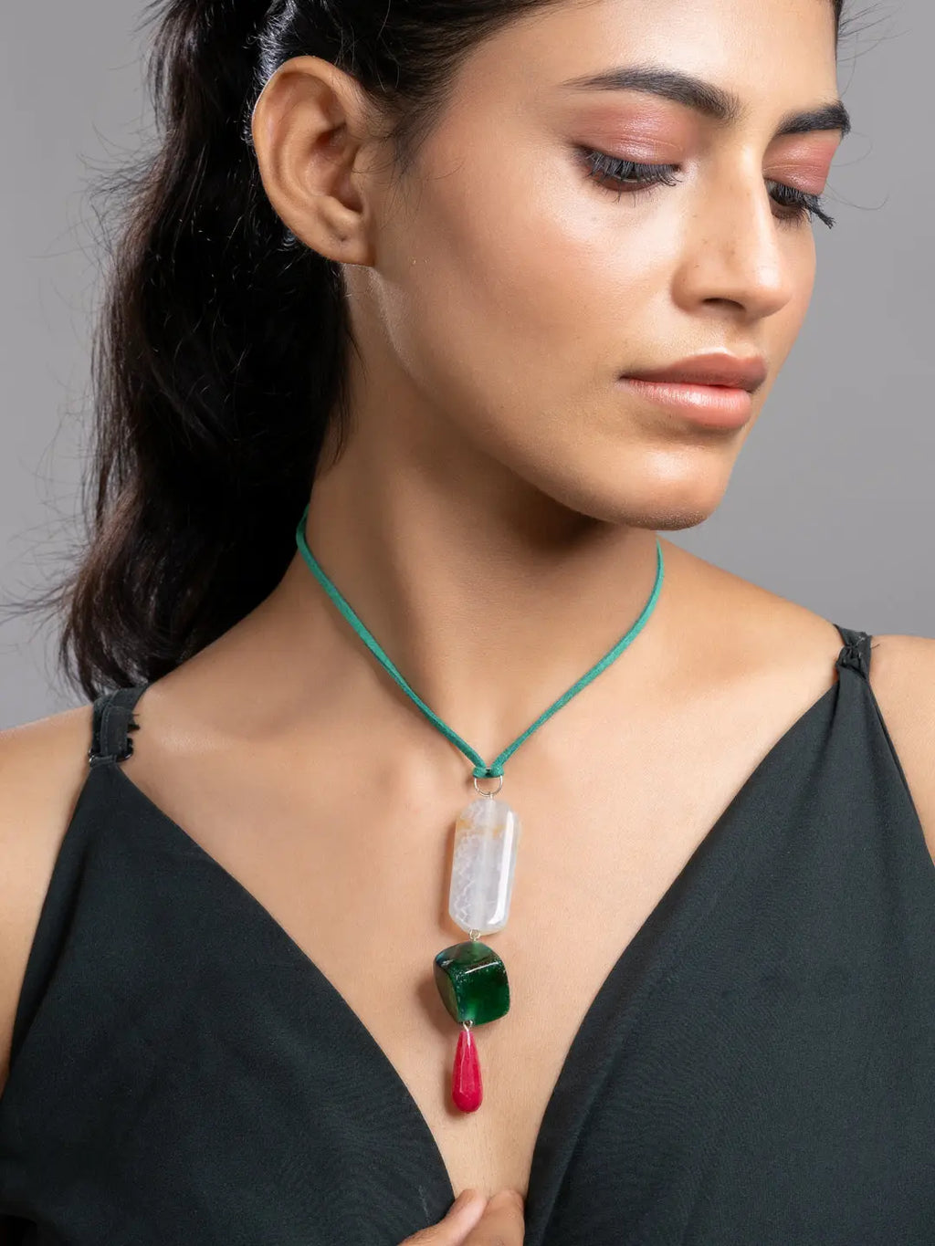Pink Green Onyx Agate  Sleek Necklace With Adjustable Suede Cord LOOK AND ADORN - designed for you