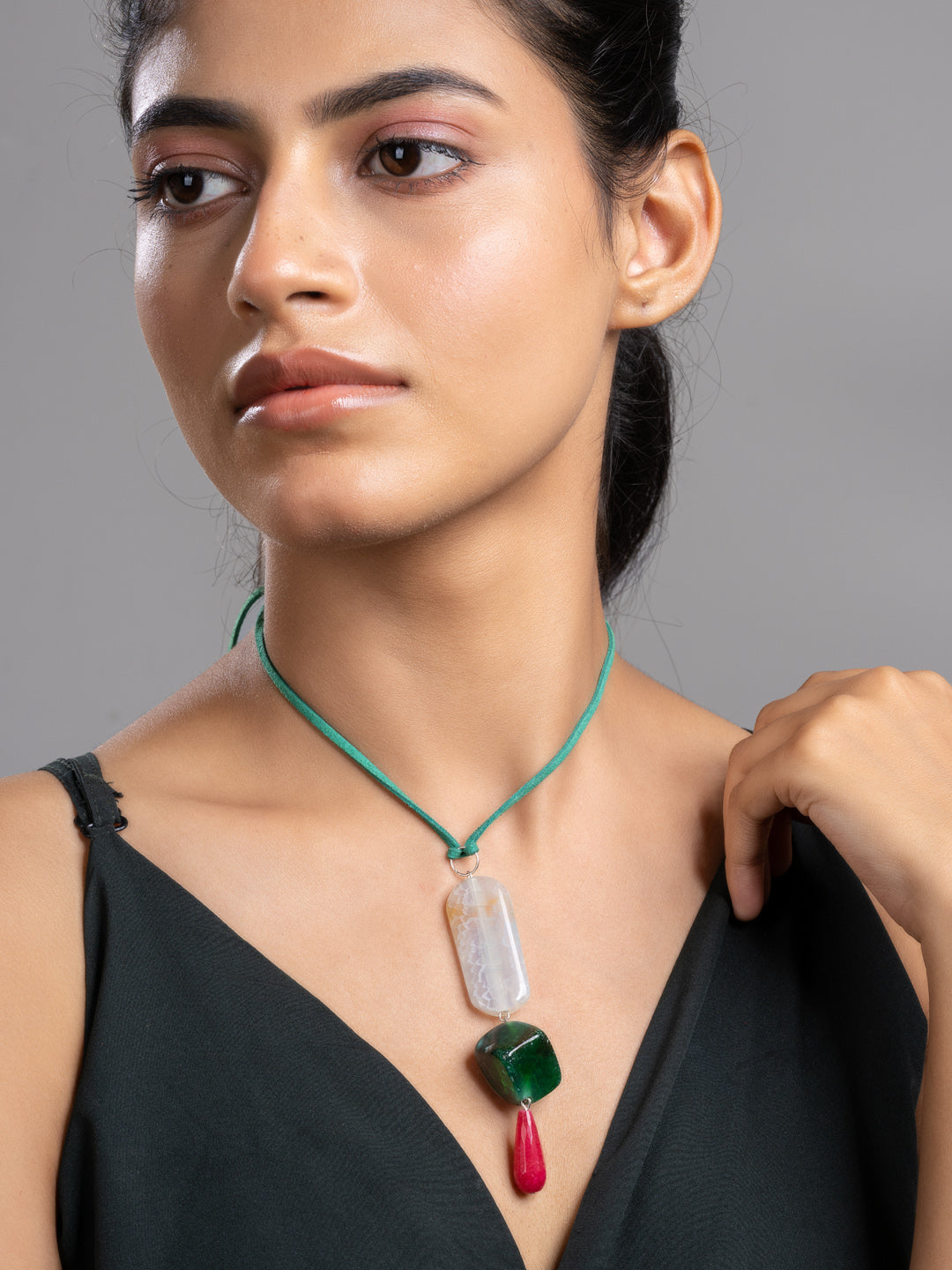 Pink Green Onyx Agate  Sleek Necklace With Adjustable Suede Cord