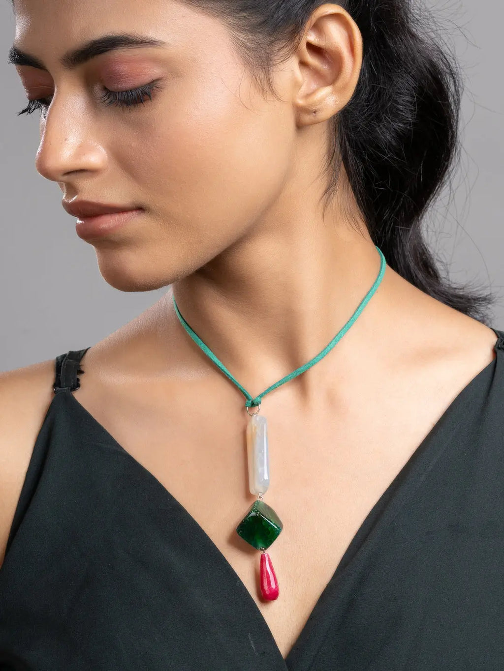 Pink Green Onyx Agate  Sleek Necklace With Adjustable Suede Cord LOOK AND ADORN - designed for you