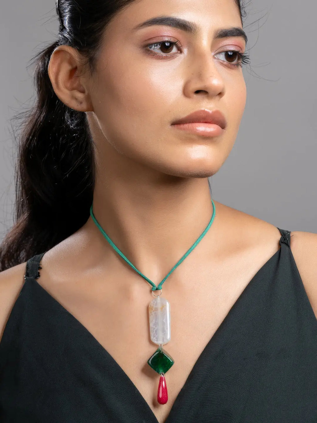 Pink Green Onyx Agate  Sleek Necklace With Adjustable Suede Cord LOOK AND ADORN - designed for you