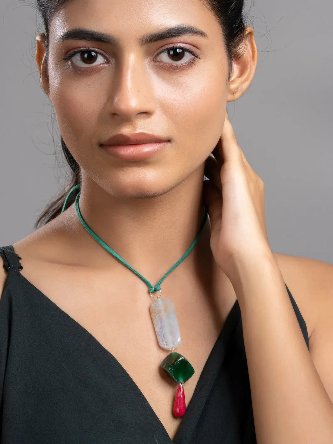 Pink Green Onyx Agate  Sleek Necklace With Adjustable Suede Cord LOOK AND ADORN - designed for you
