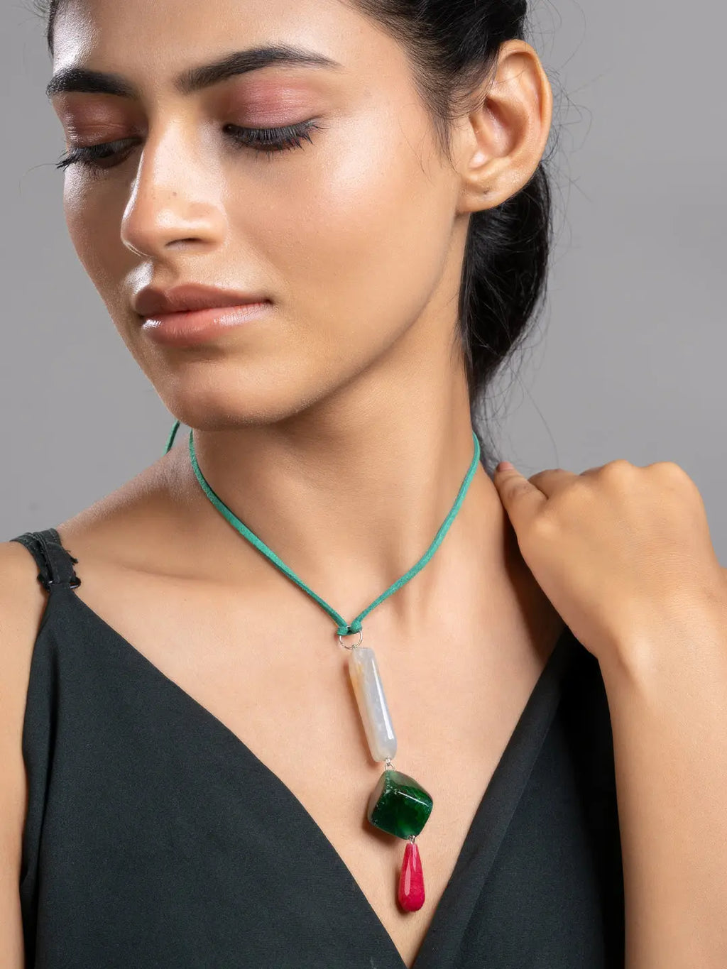 Pink Green Onyx Agate  Sleek Necklace With Adjustable Suede Cord LOOK AND ADORN - designed for you