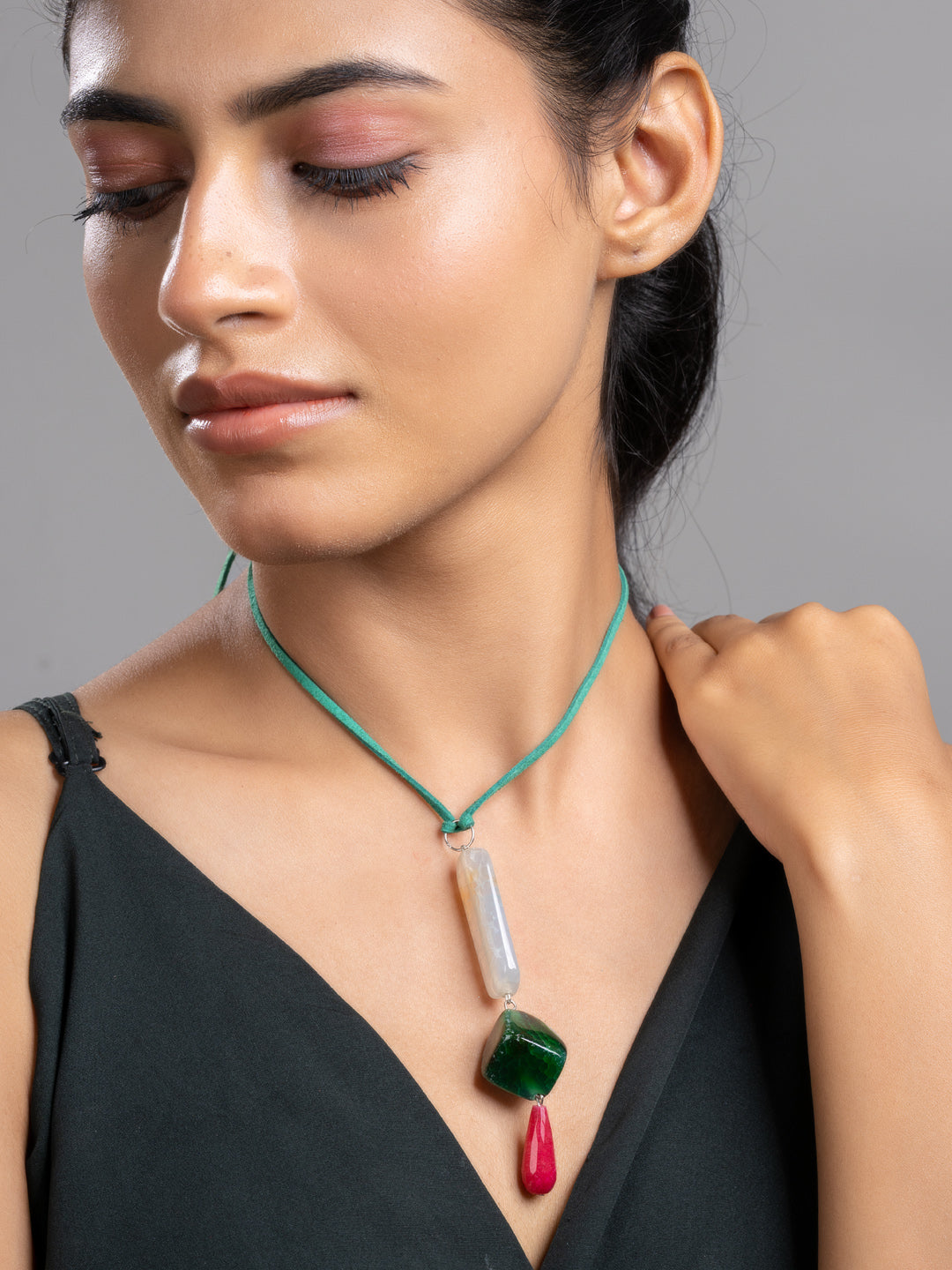 Pink Green Onyx Agate  Sleek Necklace With Adjustable Suede Cord