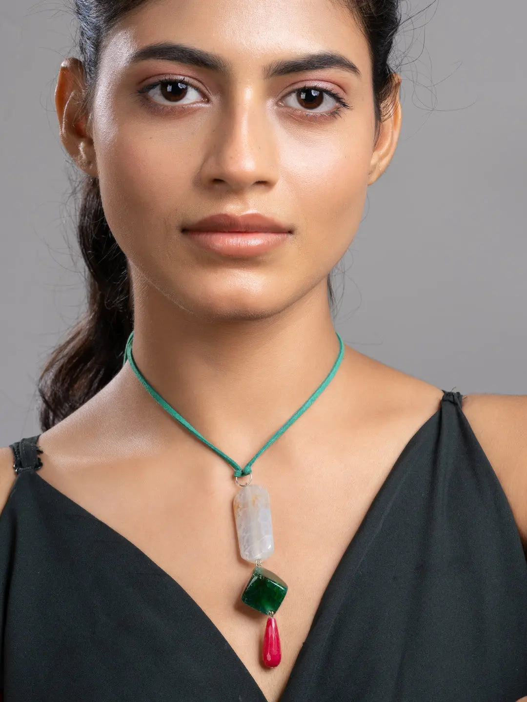 Pink Green Onyx Agate  Sleek Necklace With Adjustable Suede Cord LOOK AND ADORN - designed for you