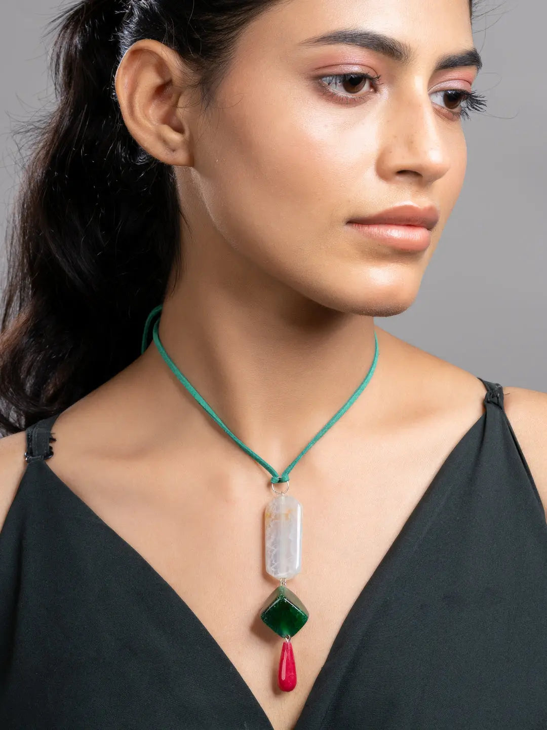 Pink Green Onyx Agate  Sleek Necklace With Adjustable Suede Cord LOOK AND ADORN - designed for you