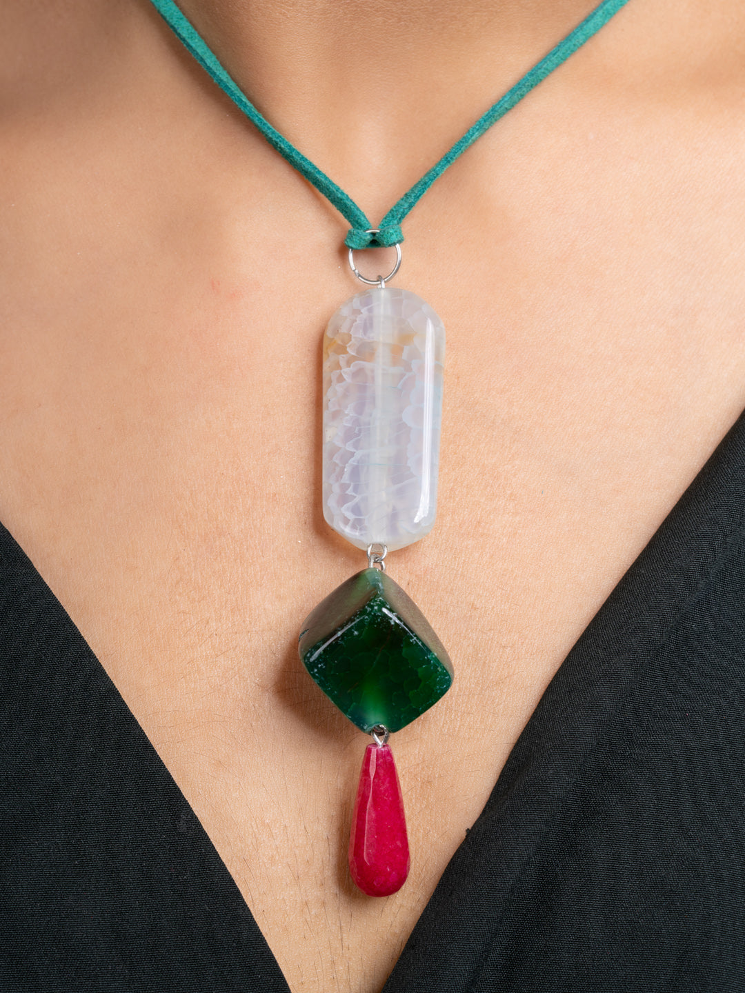 Pink Green Onyx Agate  Sleek Necklace With Adjustable Suede Cord