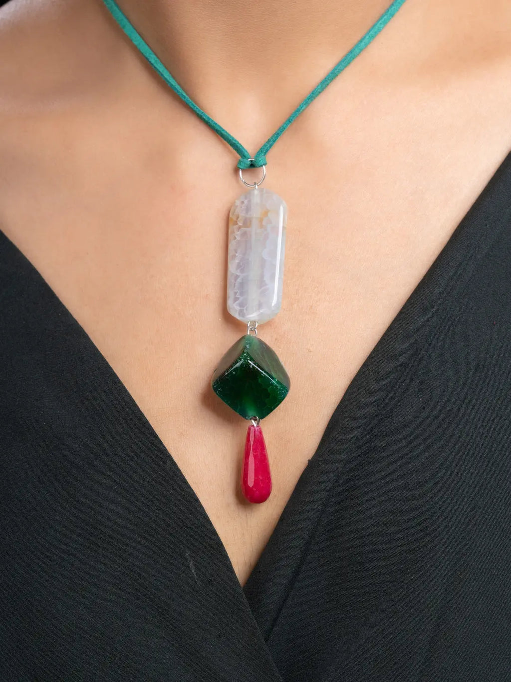 Pink Green Onyx Agate  Sleek Necklace With Adjustable Suede Cord LOOK AND ADORN - designed for you
