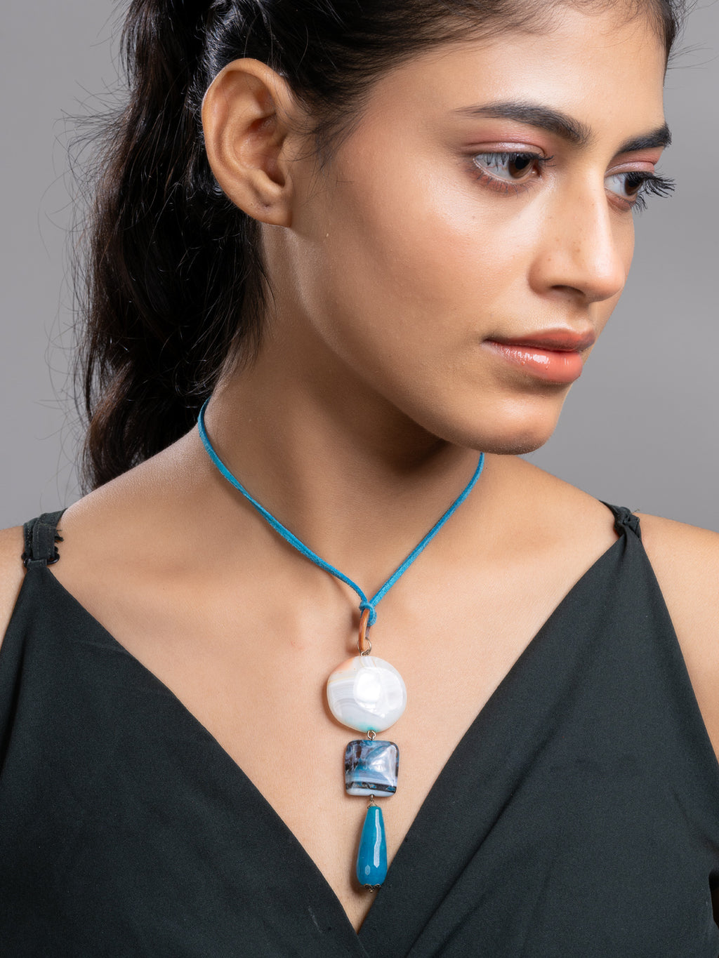 Blue Black Onyx Agate Mother Of Pearl Sleek Necklace With Adjustable Suede Cord