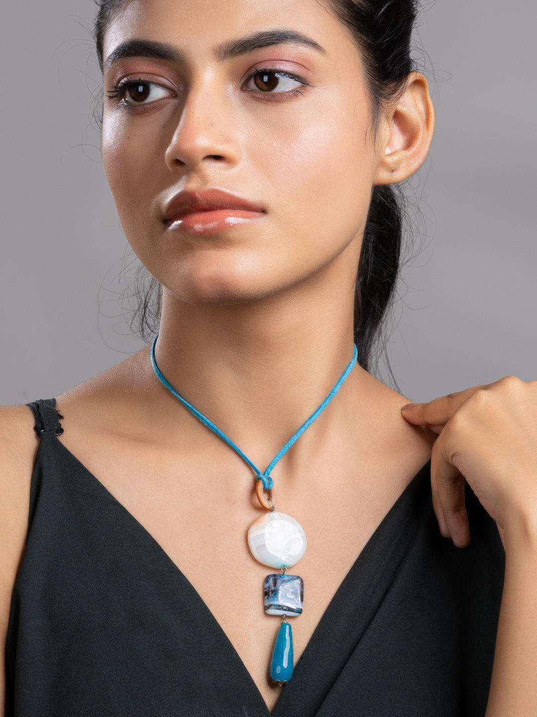 Blue Black Onyx Agate Mother Of Pearl Sleek Necklace With Adjustable Suede Cord