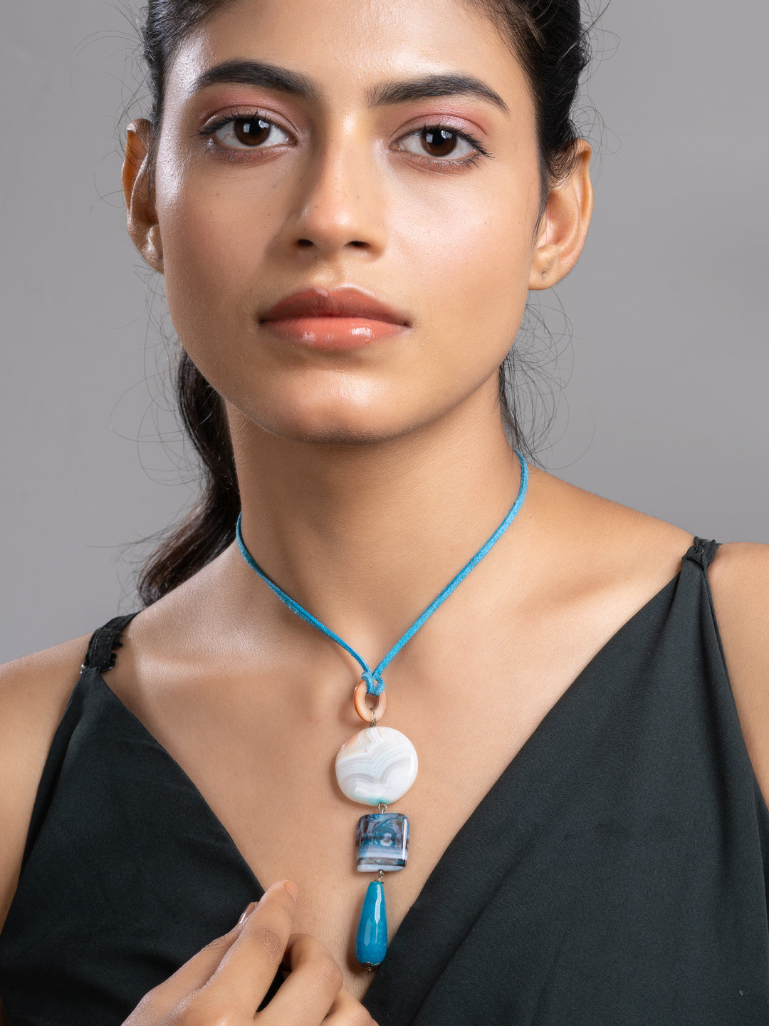 Blue Black Onyx Agate Mother Of Pearl Sleek Necklace With Adjustable Suede Cord