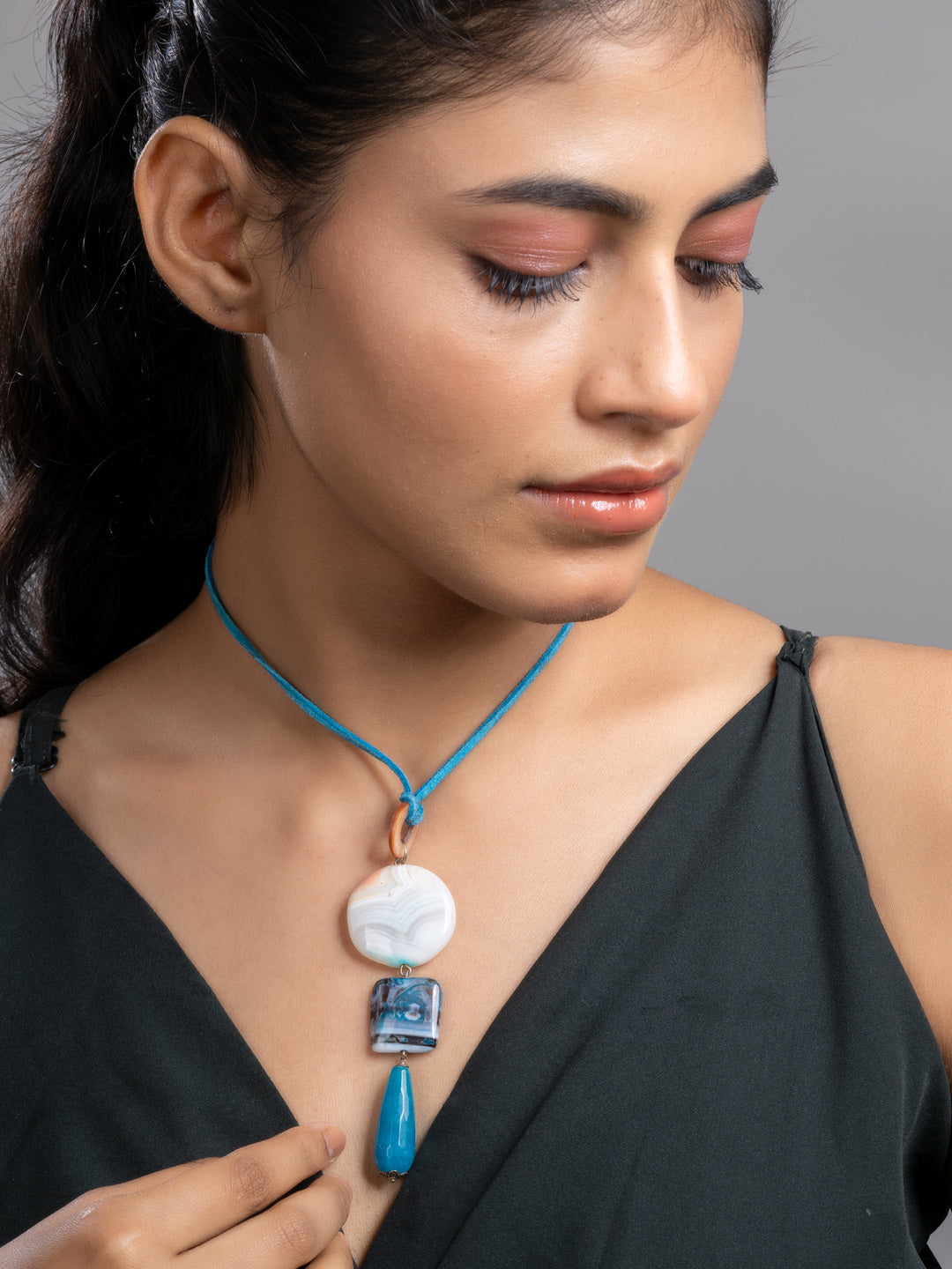 Blue Black Onyx Agate Mother Of Pearl Sleek Necklace With Adjustable Suede Cord