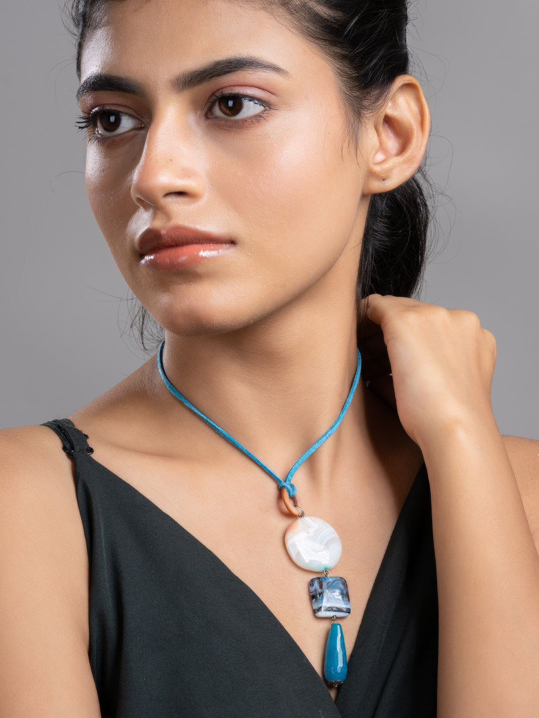 Blue Black Onyx Agate Mother Of Pearl Sleek Necklace With Adjustable Suede Cord