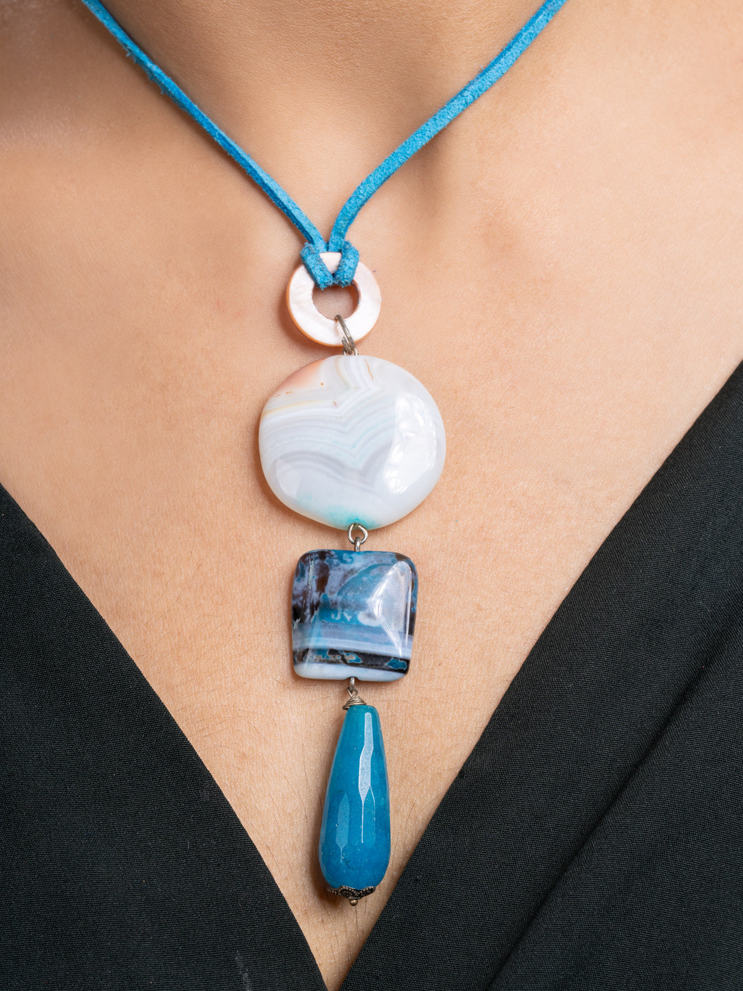 Blue Black Onyx Agate Mother Of Pearl Sleek Necklace With Adjustable Suede Cord