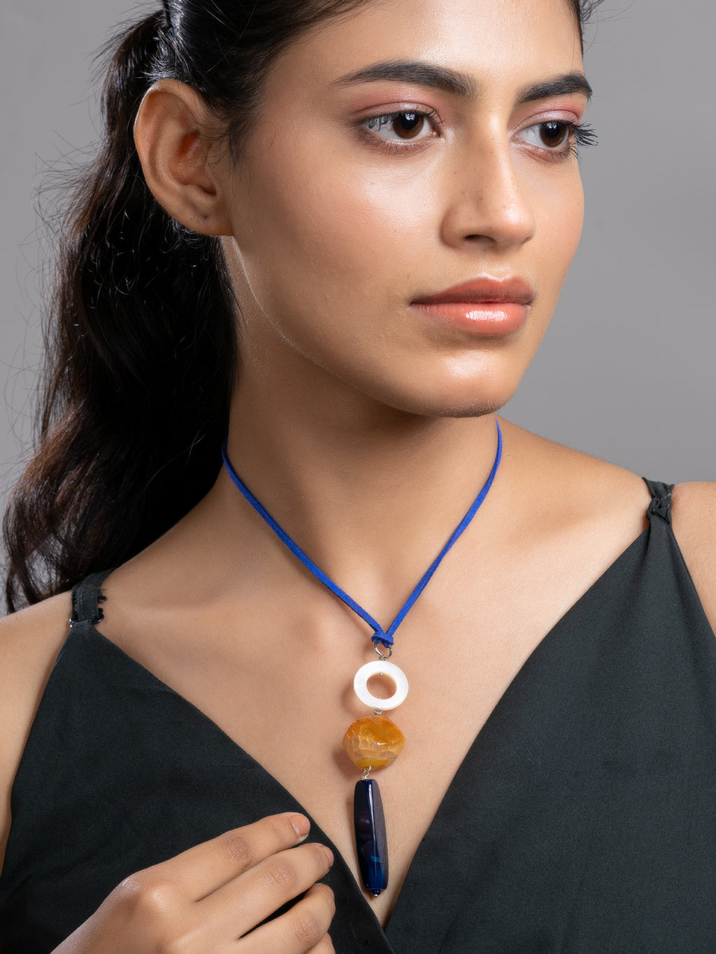 Blue Orange White Onyx Agate Mother Of Pearl Sleek Necklace With Adjustable Suede Cord