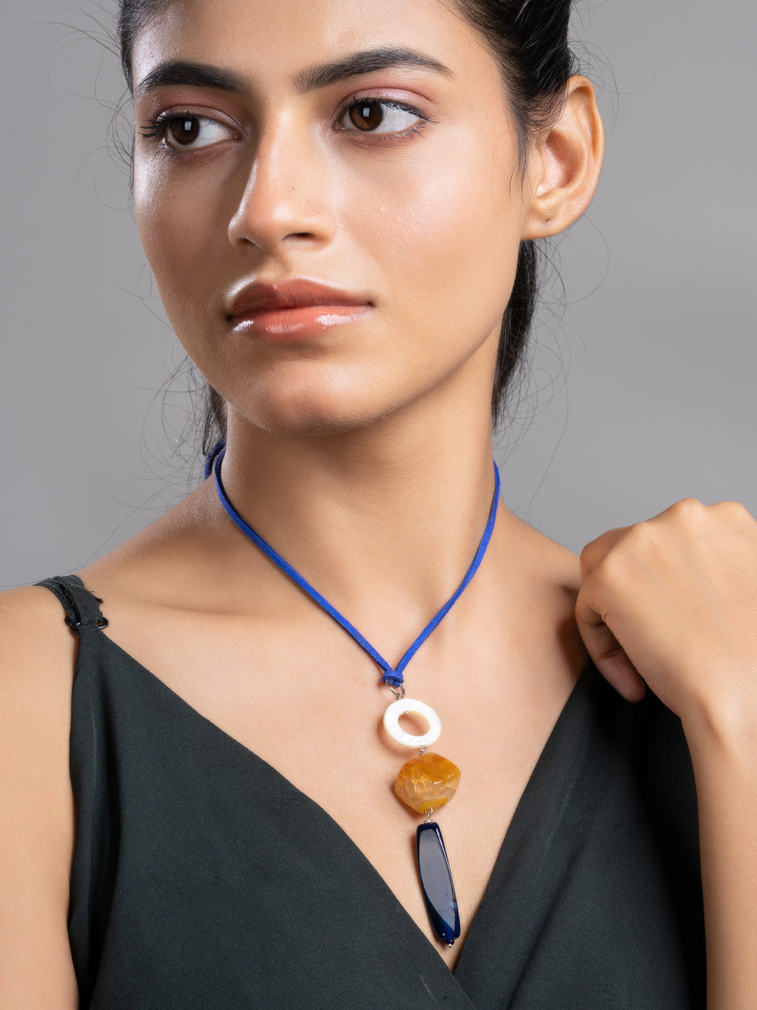 Blue Orange White Onyx Agate Mother Of Pearl Sleek Necklace With Adjustable Suede Cord