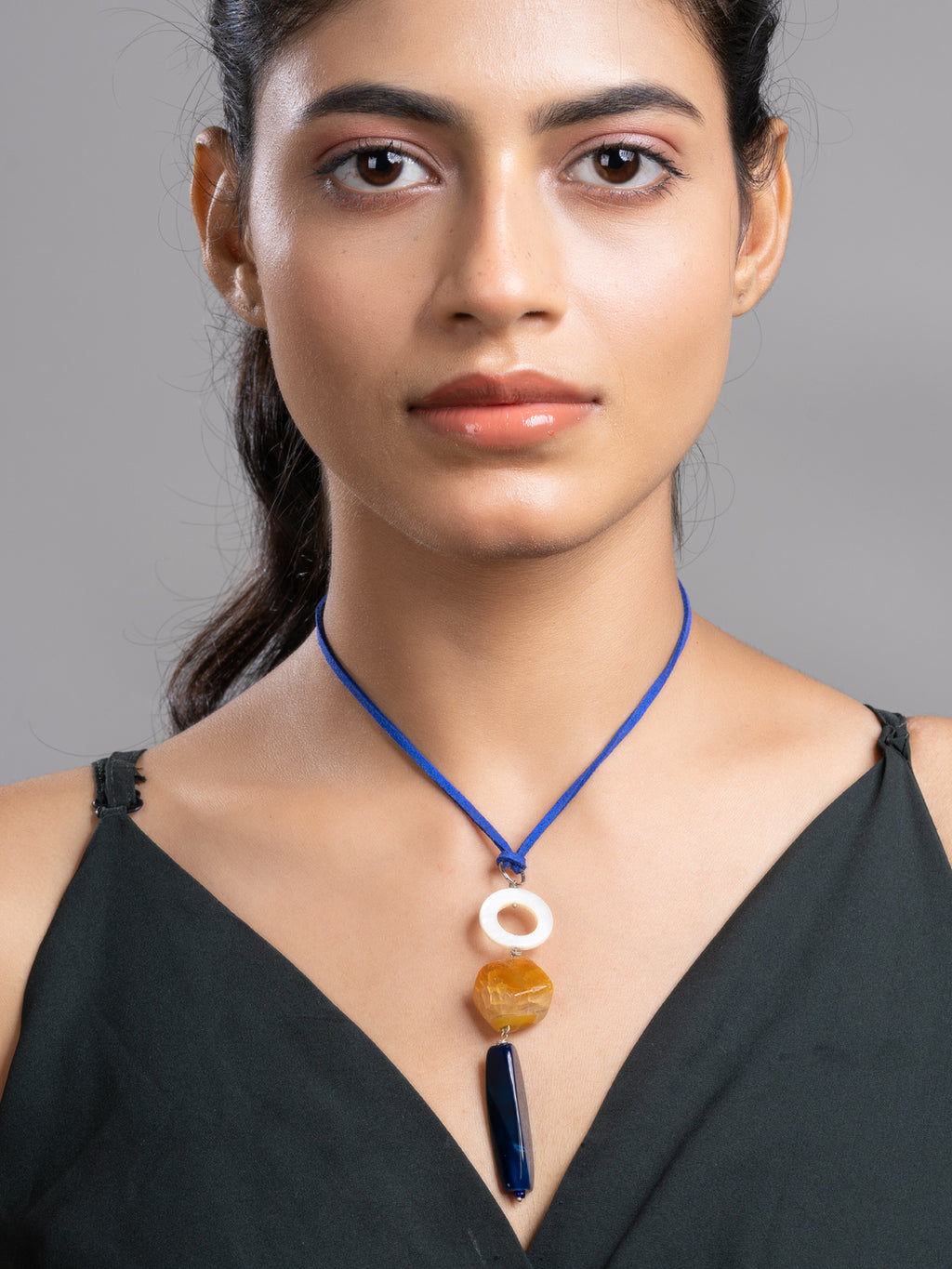 Blue Orange White Onyx Agate Mother Of Pearl Sleek Necklace With Adjustable Suede Cord