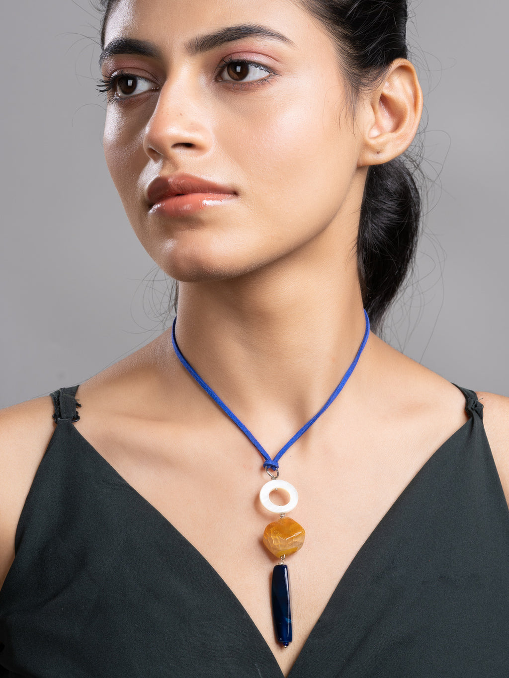 Blue Orange White Onyx Agate Mother Of Pearl Sleek Necklace With Adjustable Suede Cord