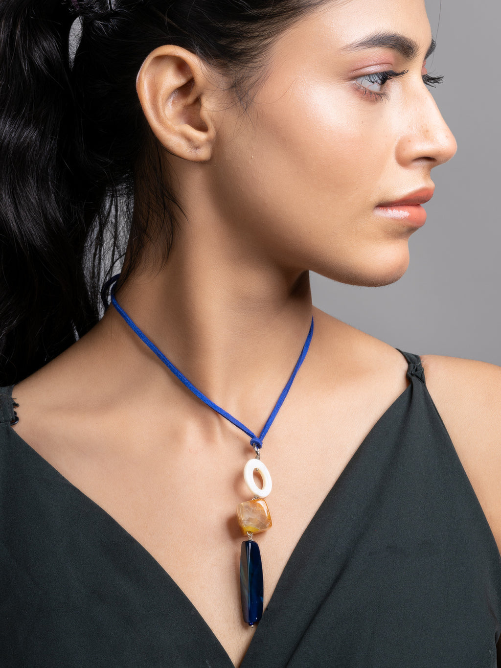 Blue Orange White Onyx Agate Mother Of Pearl Sleek Necklace With Adjustable Suede Cord