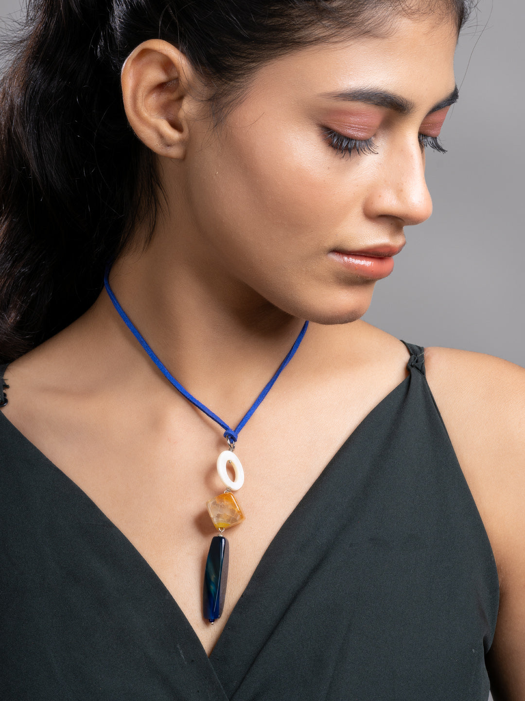 Blue Orange White Onyx Agate Mother Of Pearl Sleek Necklace With Adjustable Suede Cord