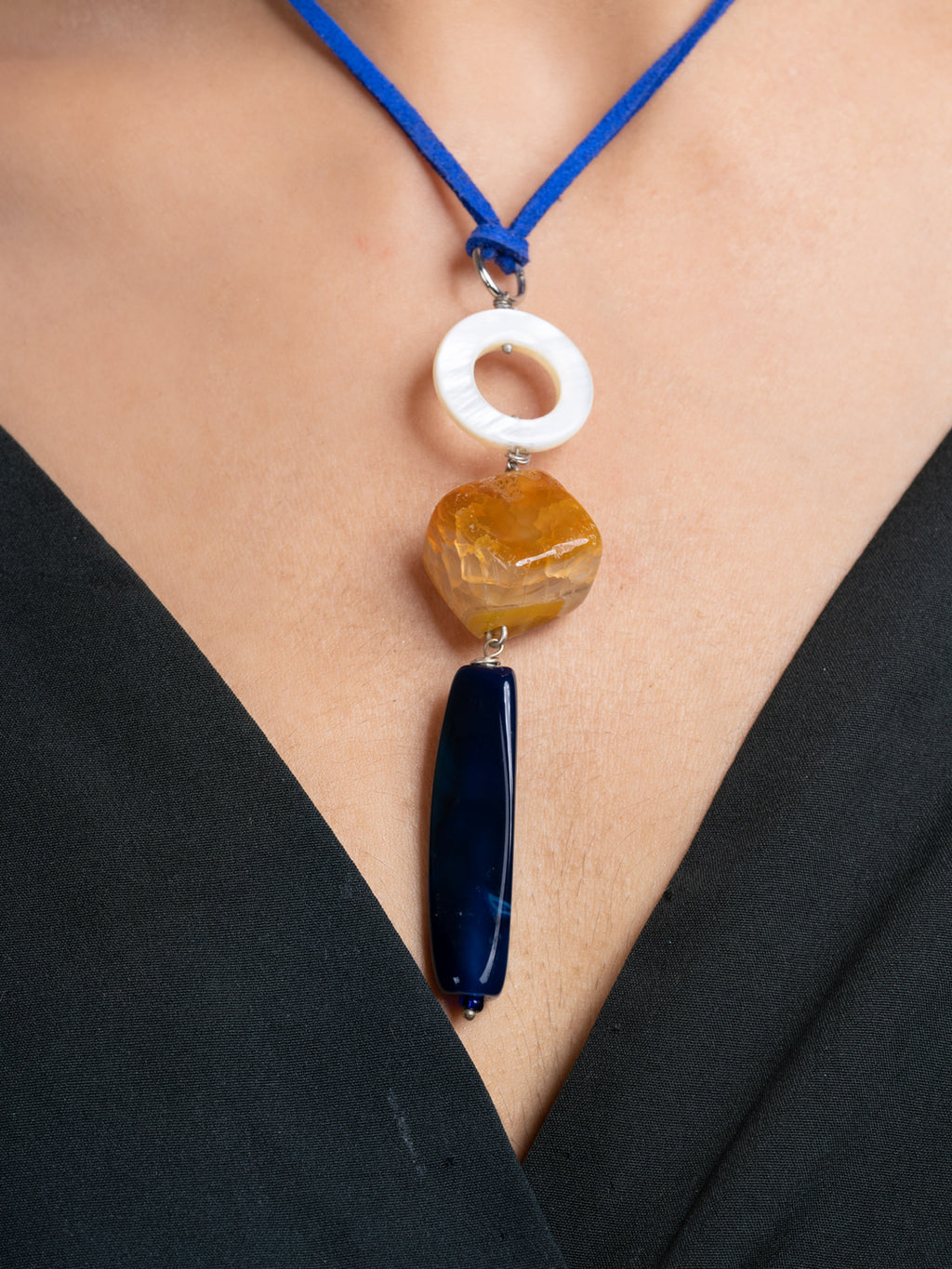 Blue Orange White Onyx Agate Mother Of Pearl Sleek Necklace With Adjustable Suede Cord