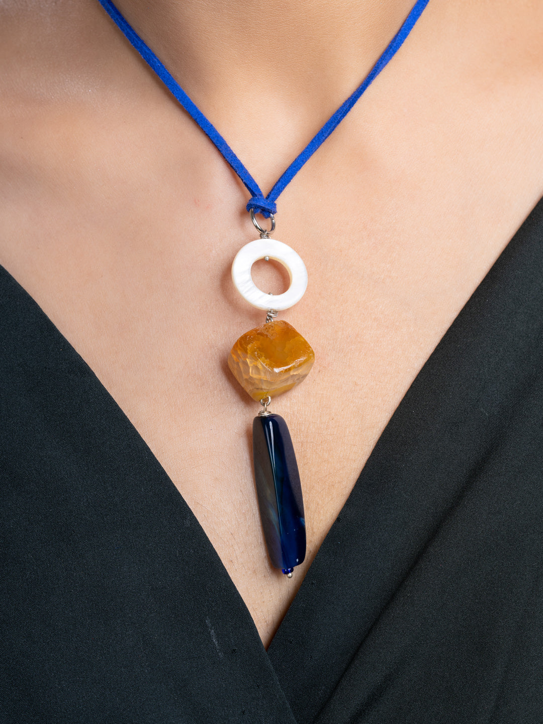 Blue Orange White Onyx Agate Mother Of Pearl Sleek Necklace With Adjustable Suede Cord